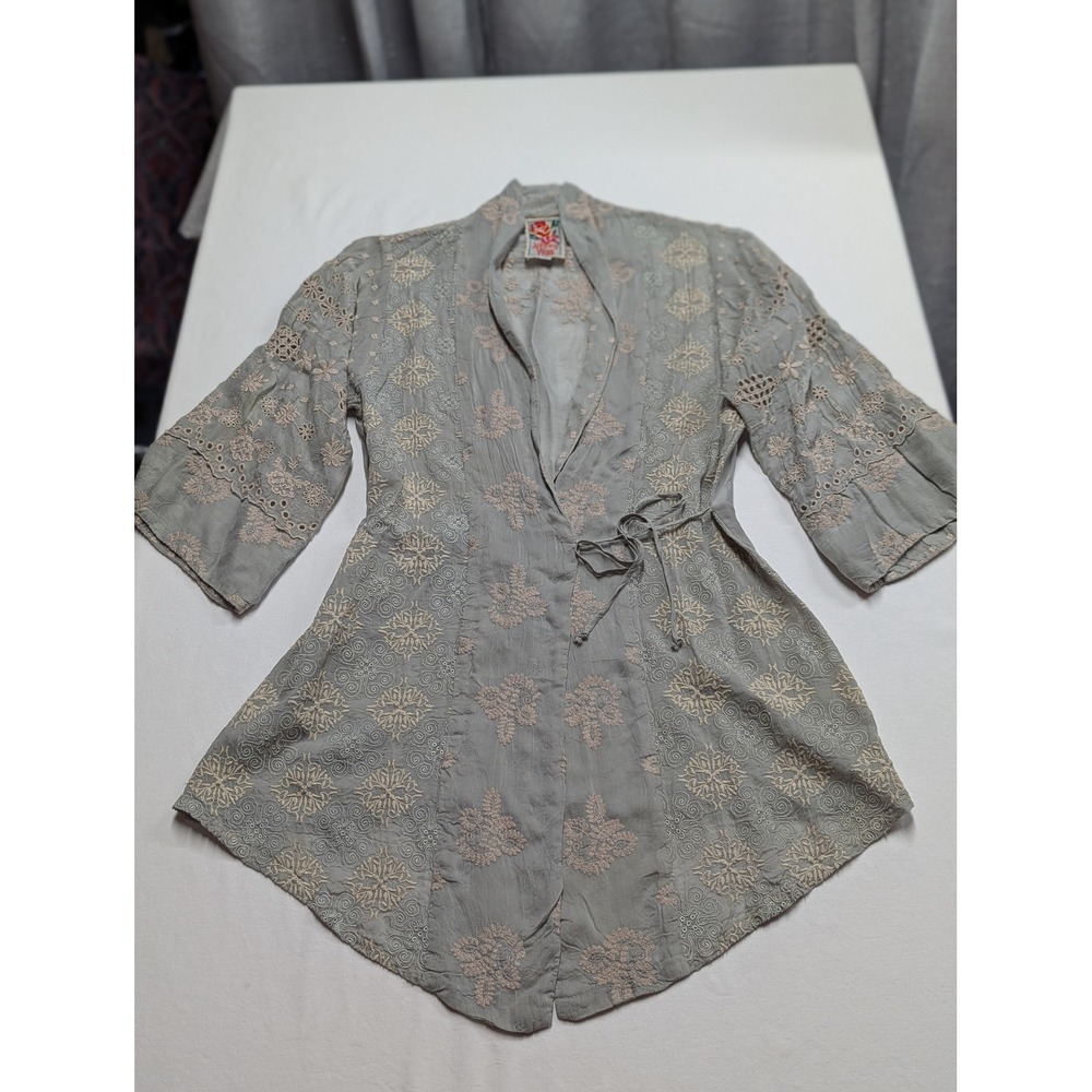 Johnny Was Embroidered Wrap Tunic Top Grey Floral Eyelet Small